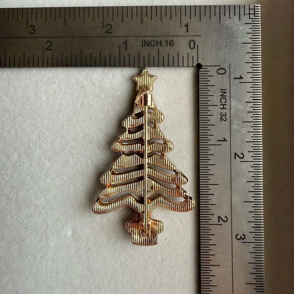 Christmas Tree Brooch Pin Red Green Rhinestone Gold Tone Holiday Jewelry Gift
